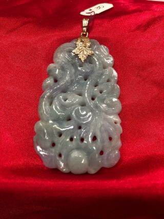 Antique Chinese Carved Jade Pendant 14k Solid Gold Bale 2 1/4”