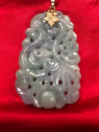 Antique Chinese carved Jade Pendant 14K Solid Gold Bale 2 1/4” 2