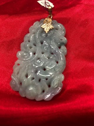Antique Chinese carved Jade Pendant 14K Solid Gold Bale 2 1/4” 8