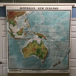Vintage Rare Large Wall Map 1968 Australia Zealand Pacific Fiji Saigon Guam