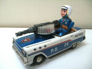 50s NOMURA TIN BATTERY/OP POLICE PATROL WITH LITED SHOOTING GUN TN JAPAN 2