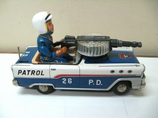 50s NOMURA TIN BATTERY/OP POLICE PATROL WITH LITED SHOOTING GUN TN JAPAN 3