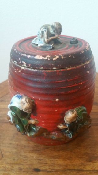 Antique Japanese Sumida Gawa Covered Jar 3 Sages Red Ground Cartouche,