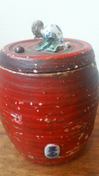 Antique Japanese Sumida Gawa Covered Jar 3 Sages Red Ground Cartouche, 2