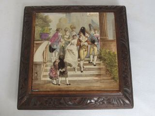 Antique Hand Painted French Tile On Trivet Stand Aristocrat Scene " Mairie "