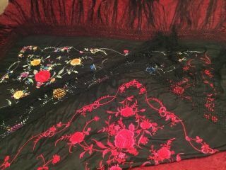 VINTAGE 2 - SIDED CHINESE CANTON EMBROIDERED SILK PIANO SHAWL EMBROIDERY 12