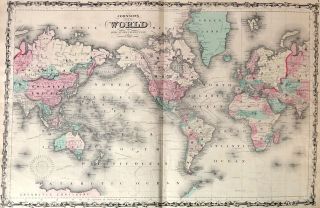 Hand colored map of the World by Johnson and Ward 1863 2