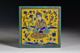 Cuerda Seca Persian Pottery Tile With Floating Man & Floral On A Yellow Ground