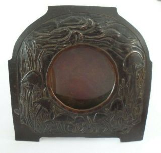 Antique Art Nouveau patinated copper photograph frame with toadstools & leaves. 2