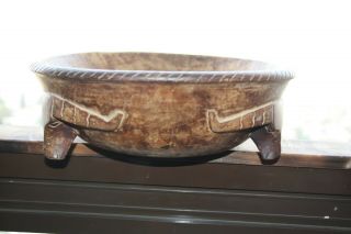 Old Antique Primitive Wooden Trencher Dough Bowl 3 Buffalo Heads Footed Rare 14 