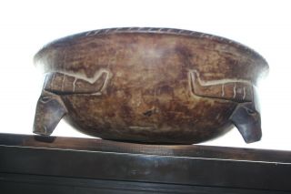 Old Antique Primitive Wooden Trencher Dough Bowl 3 Buffalo Heads Footed Rare 14 