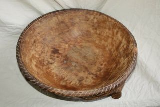 Old Antique Primitive Wooden Trencher Dough Bowl 3 Buffalo Heads Footed Rare 14 