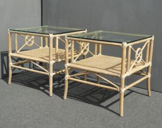 Two Vintage Mcguire Furniture Bamboo Rattan Glass Top End Tables