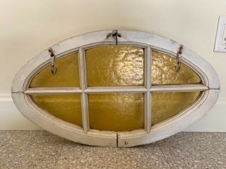 Antique Vintage Stained Glass Window Oval Gold Glass Wood Frame