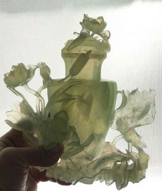 Vintage Jade Urn Lid Lily Pad Flowers Carved Wood Stand Translucent Light Green