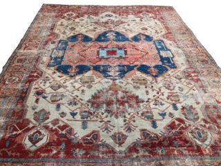 Antique Worn Serapi Heriz Rug Carpet,  Large,  Room Size,  10’11 X 14’