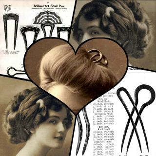 Vintage hair pin antiqued silver tone metal rhinestones (AJO) 2