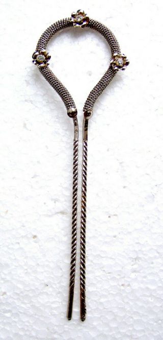 Vintage hair pin antiqued silver tone metal rhinestones (AJO) 4