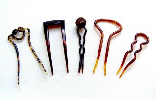 Five Vintage Hair Pins Celluloid Faux Tortoiseshell Hair Accessory