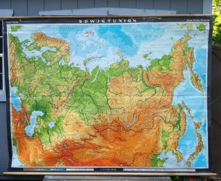 Rare Vintage Ussr Map Russian Cccp Large Stunning School Geography Japan Etc