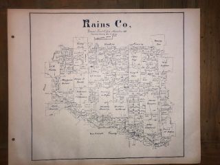 1888 Rains County Texas Map Land Office Austin Blue Line Antique Vintage