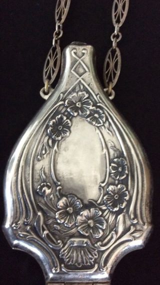 Antique Art Nouveau German Silver Floral Chatelaine,  Coin Holder,  60”chain,  56 Gm