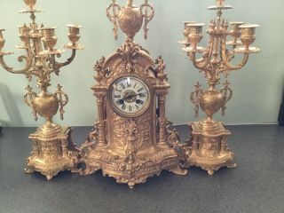 Antique French Baroque Style Large Bronze Clock With Candelabras,  Circa Mid 19 C
