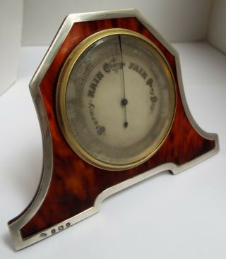 LOVELY RARE ENGLISH ANTIQUE SOLID STERLING SILVER & FAUX TORTOISESHELL BAROMETER 8