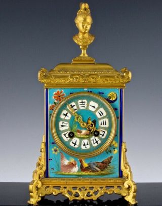 Vrare Victorian C1870 Chinese Design Enamel Porcelain Bronze Mantle Clock Minton
