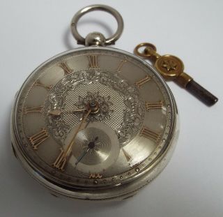 A Fine English Antique 1857 Sterling Silver Pocket Watch Wth Silver & Gold Dial