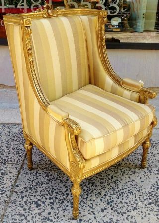 Museum Antique 19th Century French Louis Xvi Gilt Carved Bergere Arm Chair Gold