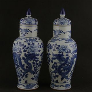 Chinese Old Pair Blue And White Dragon Peony Pattern Porcelain Temple Jars