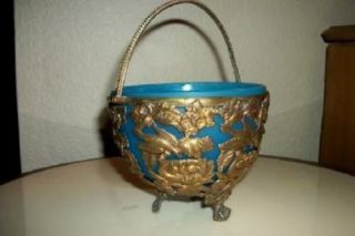 Antique French Bronze Ormolu Birds Nest Blue Opaline Basket Vanity Vitrine Bowl