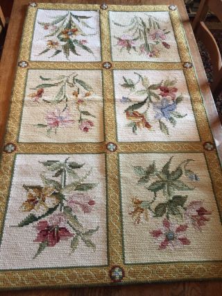 Vtg Hand Woven On Burlap Wool Rug Floral 30x50” Floral Panals Gold Band Cream Bk