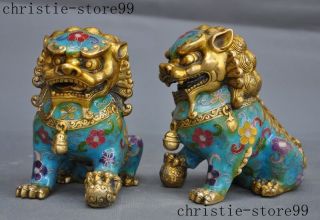 Old Chinese bronze Cloisonne Feng shui Auspicious Lion Foo dog Beast Statue Pair 10