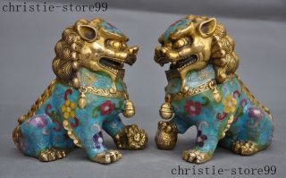 Old Chinese bronze Cloisonne Feng shui Auspicious Lion Foo dog Beast Statue Pair 11