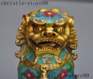 Old Chinese bronze Cloisonne Feng shui Auspicious Lion Foo dog Beast Statue Pair 3