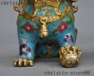 Old Chinese bronze Cloisonne Feng shui Auspicious Lion Foo dog Beast Statue Pair 4