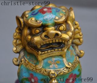 Old Chinese bronze Cloisonne Feng shui Auspicious Lion Foo dog Beast Statue Pair 5