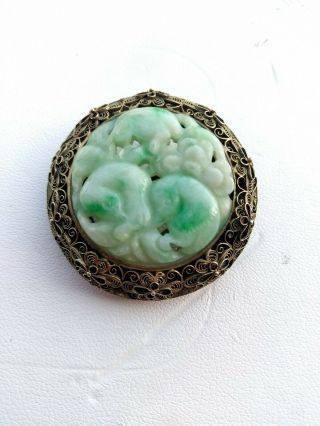 Vintage Chinese Carved White & Green Jade Silver Filigree Mounted Brooch Pendant