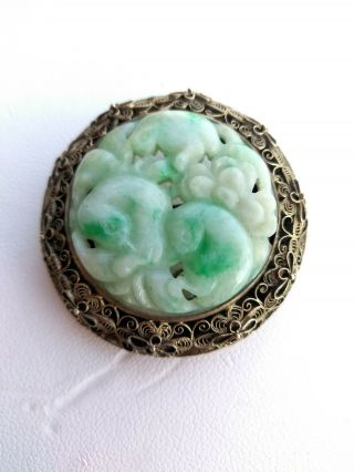 VINTAGE CHINESE CARVED WHITE & GREEN JADE SILVER FILIGREE MOUNTED BROOCH PENDANT 2