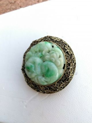 VINTAGE CHINESE CARVED WHITE & GREEN JADE SILVER FILIGREE MOUNTED BROOCH PENDANT 3