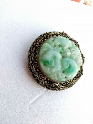 VINTAGE CHINESE CARVED WHITE & GREEN JADE SILVER FILIGREE MOUNTED BROOCH PENDANT 4