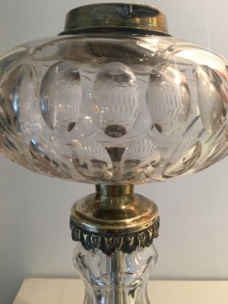 antique facet cut glass oil lamp with fount on Brass base by Hinks and Sons 10