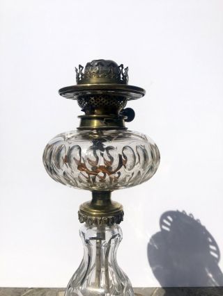 antique facet cut glass oil lamp with fount on Brass base by Hinks and Sons 11