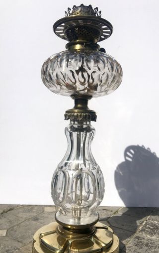antique facet cut glass oil lamp with fount on Brass base by Hinks and Sons 12