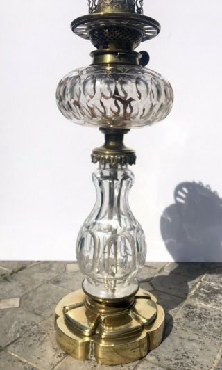 Antique Facet Cut Glass Oil Lamp With Fount On Brass Base By Hinks And Sons