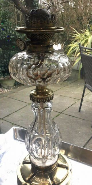 antique facet cut glass oil lamp with fount on Brass base by Hinks and Sons 5