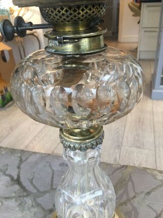 antique facet cut glass oil lamp with fount on Brass base by Hinks and Sons 6