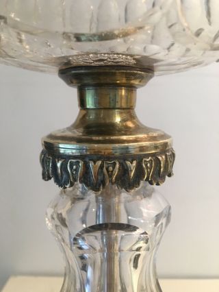 antique facet cut glass oil lamp with fount on Brass base by Hinks and Sons 9